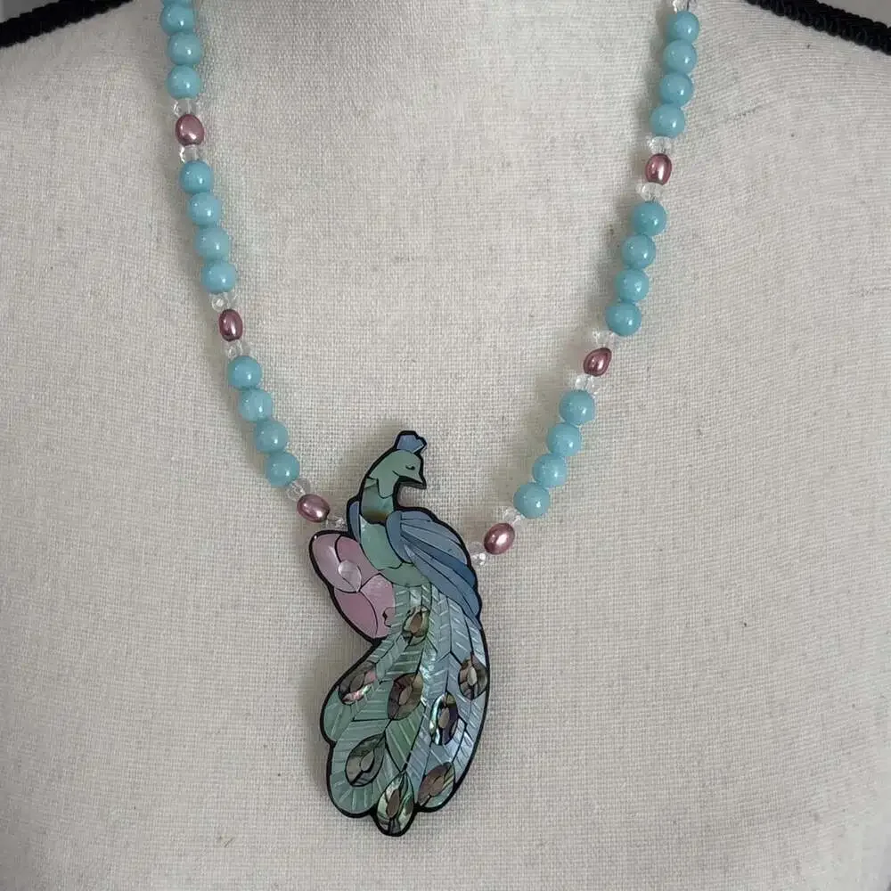 Lee Sands Blue Pink Shell Inlay Peacock Necklace Chaledony Beads Pink Pearls 21